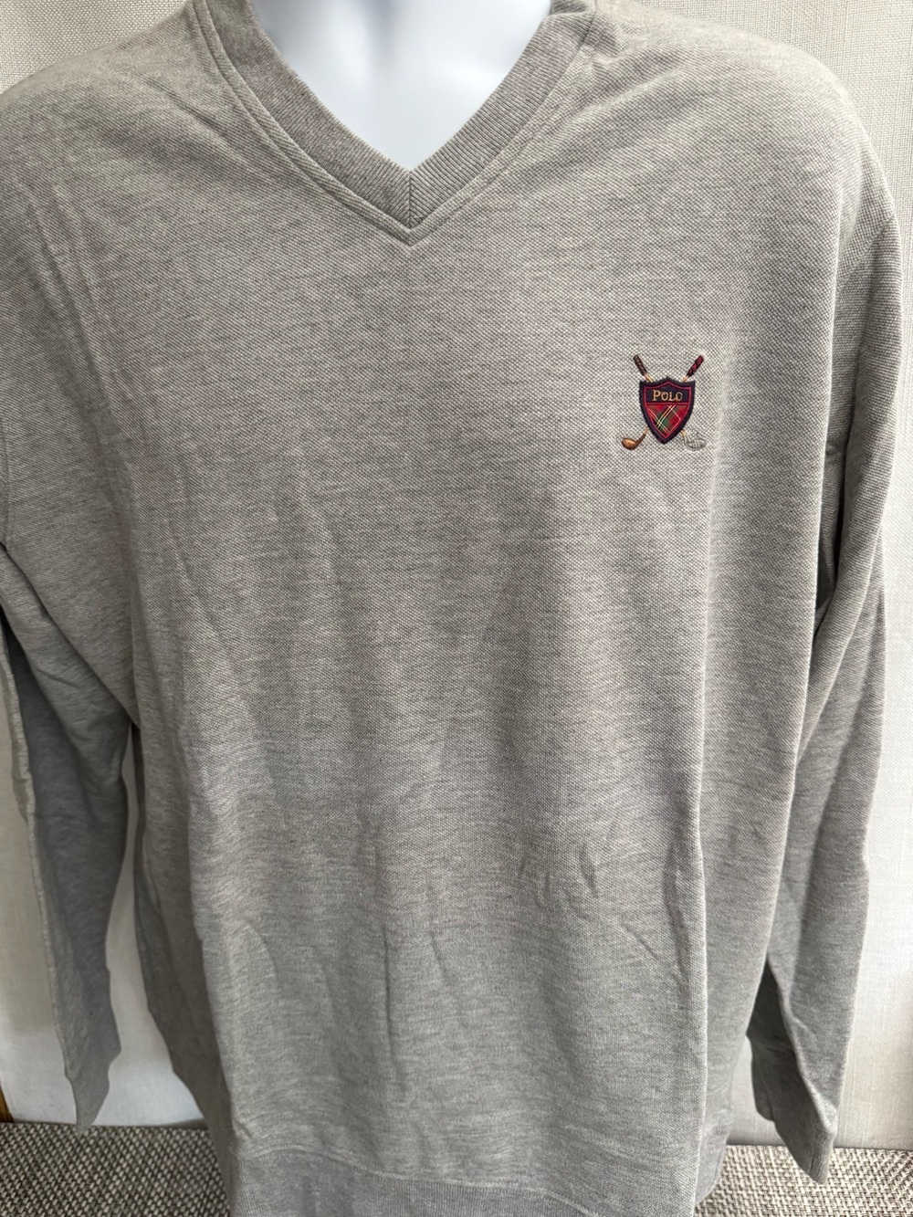 Ralph Lauren Polo Golf Men’s V-Neck Sweatshirt in Beige with Embroidered Crest